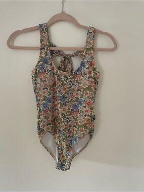 Women Floral One-Piece Swimsuit - Cream with Blue & Green Flowers